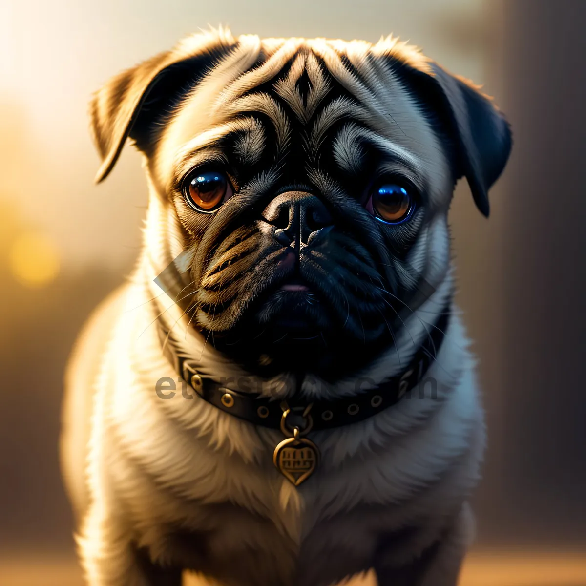 Picture of Cute wrinkled pug puppy portrait