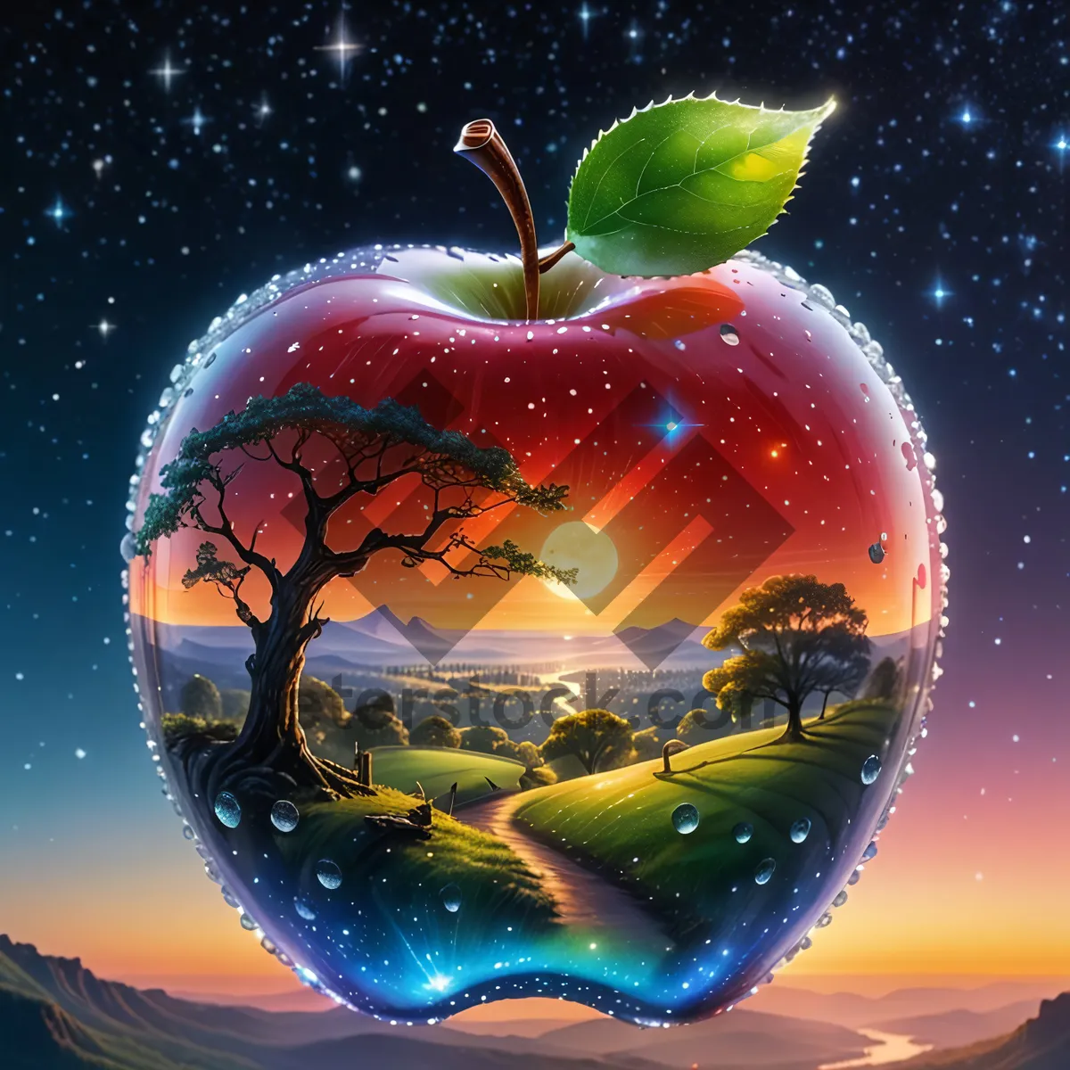 Picture of Fresh Granny Smith Apple with Water Drops
